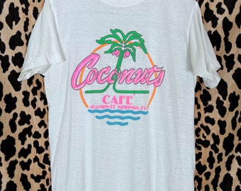 Vintage 80s Coconut Café Almonte Springs Disney White Threadbare Graphic T-shirt