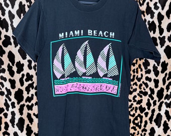 Vintage 80s Miami Beach Black and Neon Graphic Cotton T-shirt