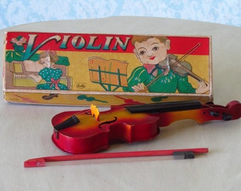 Antike Asahi Kinderspielzeug Violine Made in Japan mit Original Box aus den 1950er Jahren und Holzbogen