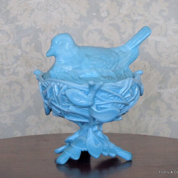 Westmoreland Song Vogel sitzt auf Aqua Blau Milchglas Ast Nest • Sammlerstück Kompott Schlacke Glas Candy Dish