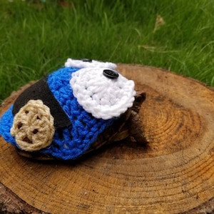 Könnte beinhalten: Eine kleine Schildkröte trägt einen blauen, weißen und braunen Häkelhut mit einem Knopf oben. Der Hut ist in Form eines Kekses mit einem braunen Häkelkeksdesign an der Seite.