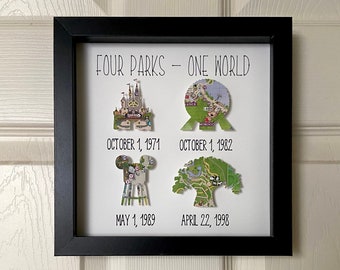 Four Parks One World, Disney Wall art, Disney history, Cinderella castle, EPCOT, Hollywood Studios, Animal Kingdom, Disney map wall art