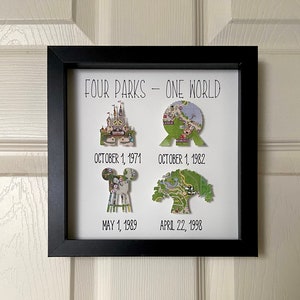 Four Parks One World, Disney Wall art, Disney history, Cinderella castle, EPCOT, Hollywood Studios, Animal Kingdom, Disney map wall art