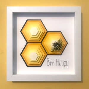 Bee Happy Wall Art, pop art, 3D dimensional wall art, Ombre decor, Bee decor, Honeycomb decor, shadowbox, entomologist