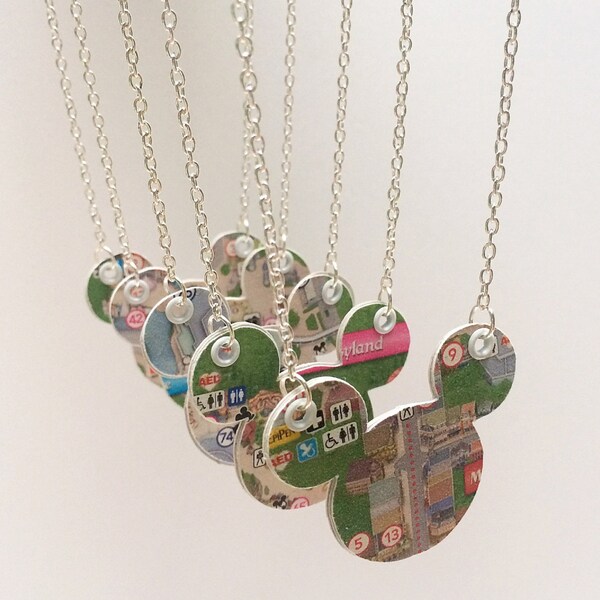 Disney jewelry, Paper necklace, Disney Park map, Disney wedding, upcycled jewelry, bridesmaid gift, first anniversary gift, FE gift