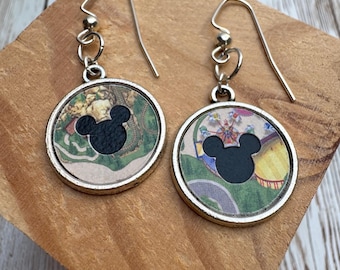 Disney jewelry, Mickey earrings, Disney Park map, Disney wedding, upcycled jewelry, bridesmaid gift, first anniversary gift, FE gift