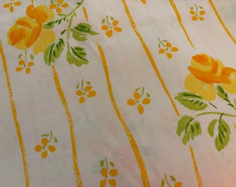 80s Vintage No-Iron Muslin Flat Sheet, Twin Size, Yellow Rose and Watercolor Stripe Design, EUC