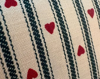 Vintage 80s Hunter Green Ticking and Red Hearts Cotton Calico Fabric - 45” wide - 1+ yard (48”)