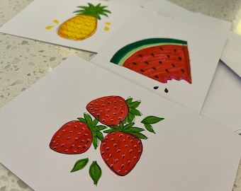 Set of 3 Hand Drawn Flat 4x6" Notecards with Envelopes - "Fun Fruits"