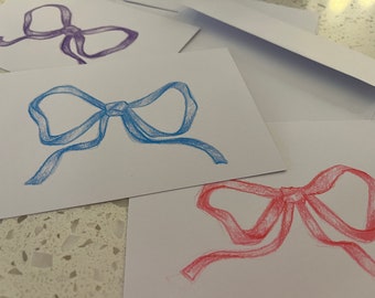 Set of 3 Hand Drawn Flat 4x6" Notecards with Envelopes - "Fancy Bows"