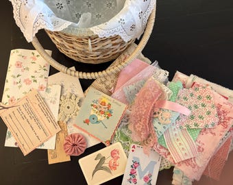 Mama Kat's Sewing Basket Filled with Pink & Green Fabric and Sewing Notions, Ephemera - Slow-Stitch Kit - Project Box - Vintage Sewing Kit