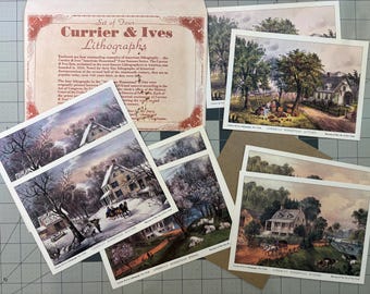 Set of 8 Currier & Ives Lithograph Prints - "American Homestead" - 5"x7" - Original Envelope