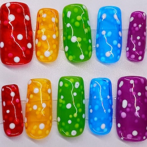 Polk Dot Rainbow Press on Nails, Rainbow Jelly Nails, Rainbow Fake Nails