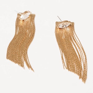 closeup of gold chain fringe crystal stud earring jackets on white background