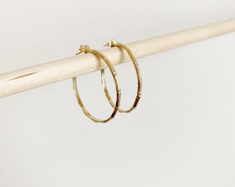 18k Gold Bamboo Hoop Earrings: Thin & Lightweight (35mm)