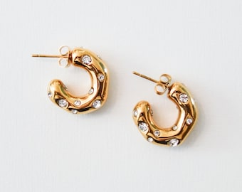 Organic Gold Crystal Hoop Earrings - Modern Constellation Design