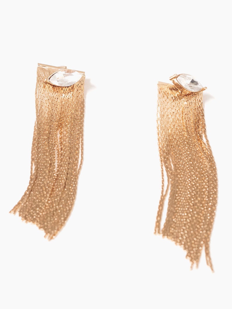 gold chain fringe statement earrings with crystal stud marquis on white background