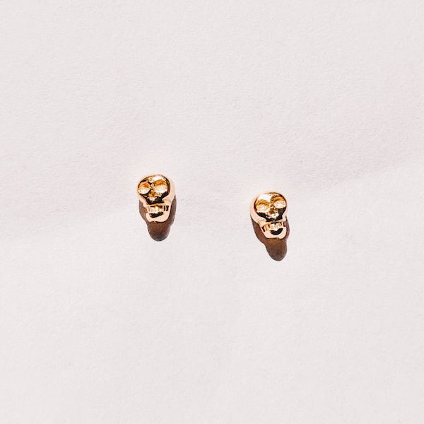 14K Gold, Sterling Silver or Vermeil Tiny Skull Stud Earrings - Perfect for Multiple Piercings - Dainty, Hypoallergenic and Nickel-Free