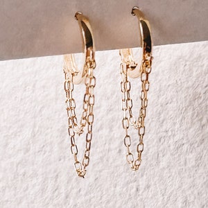 Tassel Huggie Hoop Chain Earrings | 9K Yellow Gold