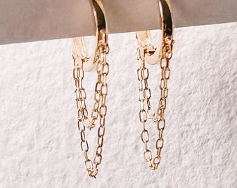 Tassel Huggie Hoop Chain Earrings | 9K Yellow Gold