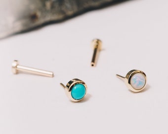 Threadless Pushpin flat back piercing studs 18G for nose, tragus, conch, helix and earlobe in 14K Gold