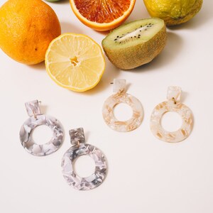 grey multicolored oval acrylic earrings with tan multicolored acrylic earrings with cut citrus in the background