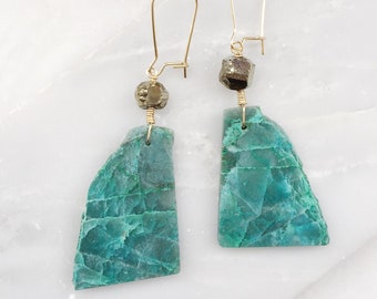 Chrysocolla and Geometric Pyrite Earrings, Gold Filled