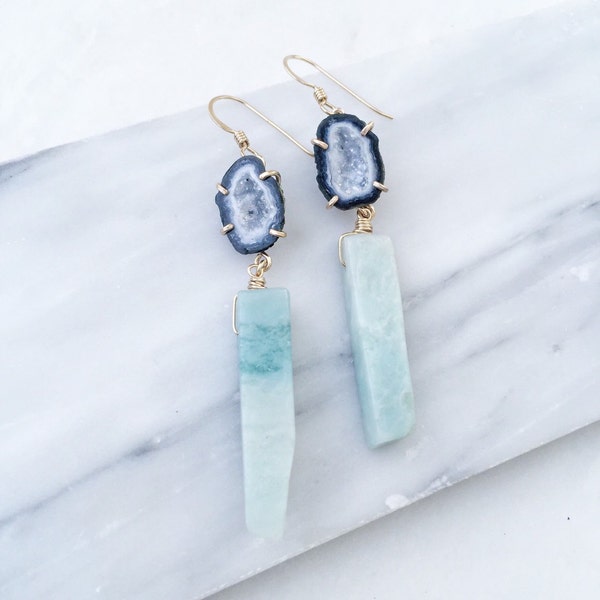 Navy and White Tabasco Geodes in Gold Filled Settings with Amazonite on 14k Gold Filled Hooks, Mini Geode Earrings, Amazonite earrings