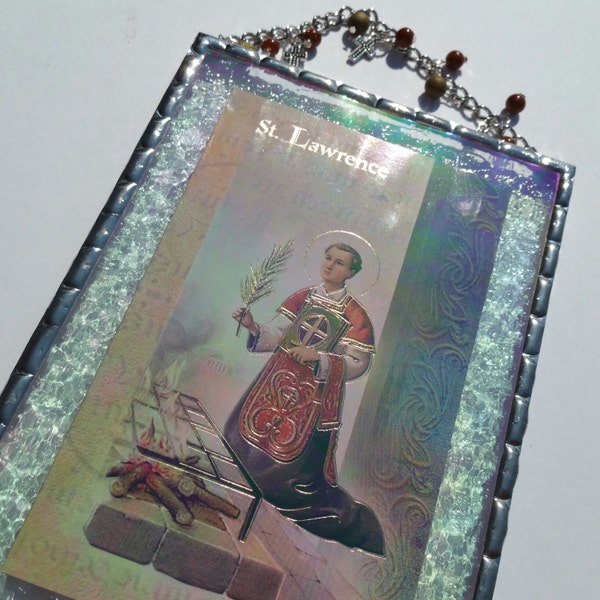 Saint Lawrence large hand-soldered plaque with sparkly druzy quartz and golden sand beads set in iridescent water glass