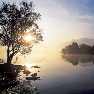Carte photo, Llyn Padarn, Lever du soleil, Lac, Montagnes, Snowdon, Paysage, Nord du Pays de Galles, Carré, intérieur vierge