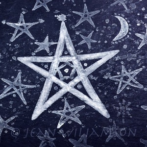 Carte photo, étoile, étoiles, lune, pentagramme, ciel nocturne, bleu et blanc, carré, blanc à l'intérieur