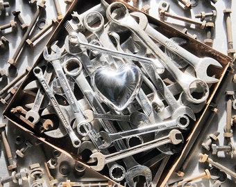 Photo card, Steel Heart, Spanners, Wrenches, Nuts and Bolts, Tools, Steel, Square, blank inside