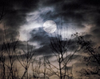 Photo card, Full Moon, Winter Solstice, Clouds, Moody, Gothic, Atmospheric, Square, blank inside