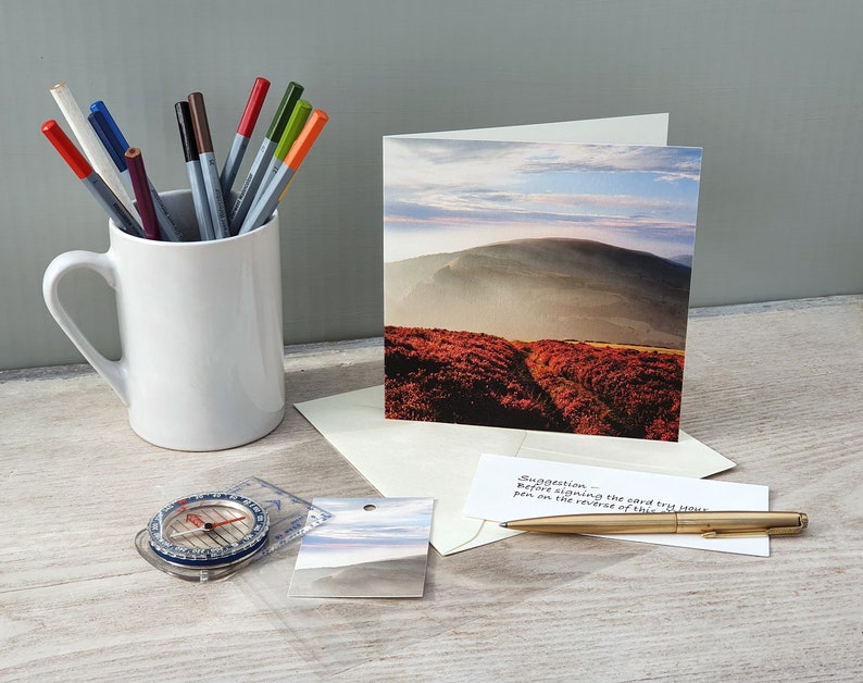 Photo card, Offa's Dyke Path, Wales, Footpath, Clwydian Hills, Misty Hill, Landscape, Square, blank inside image 2