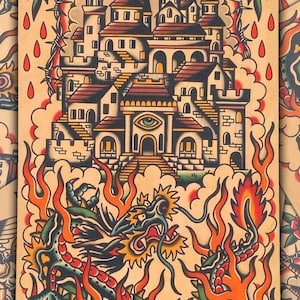 Purgatory Traditional Tattoo Art Print (13x30) (Dragon/Castle/Angels/Daggers/Flames)