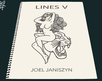 May include: A black and white illustration of a woman sitting on a panther's head. The title "LINES V" and the artist's name "JOEL JANISZYN" are printed below the illustration.