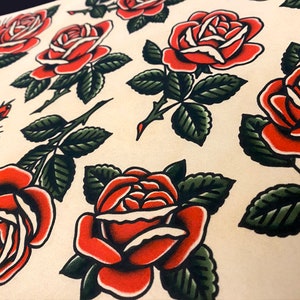 Red Roses Traditional Tattoo Flash Sheet (11x14) - Etsy
