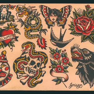 Feuille de tatouage traditionnel Renewed Classics (11 x 14) (clown, dragon, rose, serpent, grenouille, tête de mort, oiseau, fleurs, coeur)