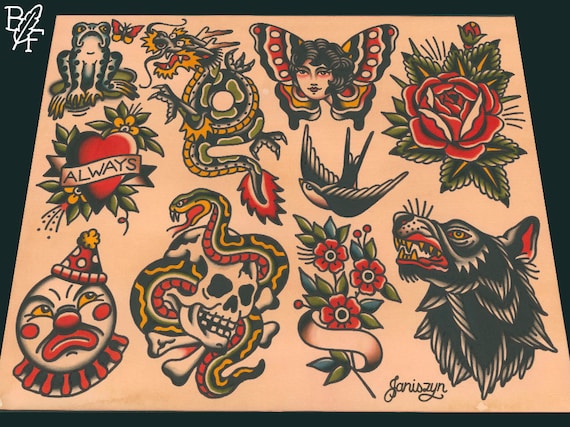 タトゥーデザイン　アートフレーム　トラディショナル　tattoo flash Traditional Tattoo Flash Sheet: Clown, Dragon, Rose, Snake (11x14