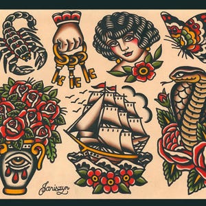 May include: Traditional tattoo flash sheet featuring a scorpion, a hand holding keys, a woman's face with a rose, a butterfly, a bouquet of roses, a sailing ship, and a cobra with roses. The artwork is in a classic tattoo style.