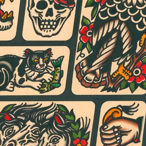 May include: A collection of traditional American tattoo flash designs. The designs include a skull wearing a plaid tam, a black cat with a fish, a bald eagle perched on a branch, a two-headed horse, and a hand holding a dagger.