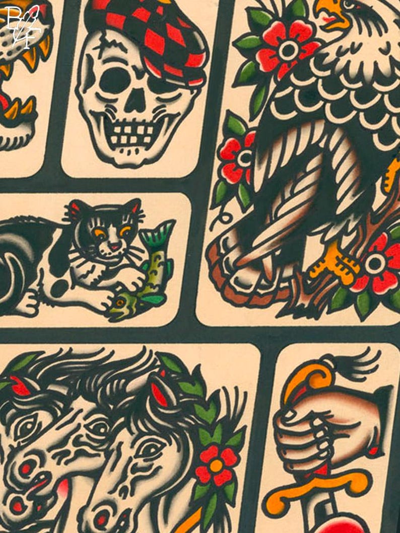 May include: A collection of traditional American tattoo flash designs. The designs include a skull wearing a plaid tam, a black cat with a fish, a bald eagle perched on a branch, a two-headed horse, and a hand holding a dagger.