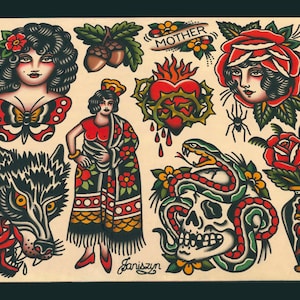 Foglio di tatuaggi tradizionali Butterfly Girl & Friends (11x14) (testa di lupo, teschio e serpente, rosa, cuore sacro, ghianda, striscione della mamma)