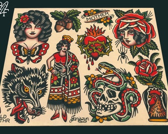 Butterfly Girl & Friends Traditional Tattoo Flash Sheet (11x14) (Wolf head, Skull and Snake, Rose, Sacred Heart, Acorn, Mom Banner)