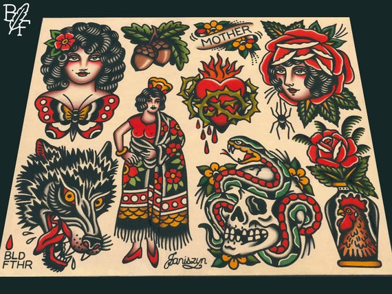 Traditional Tattoo Flash Sheet (11x14): Butterfly Girl, Wolf