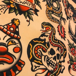 May include: A collection of traditional American tattoo flash designs. The designs include a heart with the word "ALWAYS" on a banner, a snake wrapped around a skull and crossbones, a clown face, a dragon, a butterfly, a bird, and flowers.