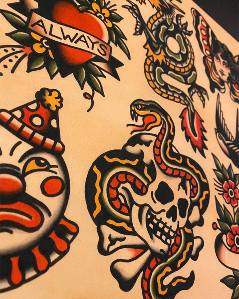 May include: A collection of traditional American tattoo flash designs. The designs include a heart with the word "ALWAYS" on a banner, a snake wrapped around a skull and crossbones, a clown face, a dragon, a butterfly, a bird, and flowers.
