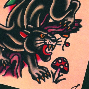 Panther With Mushroom Traditional Tattoo Flash Art Print 5x7 image 2