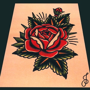 Stampa artistica tradizionale con tatuaggio flash di rosa con foglie (5x7)