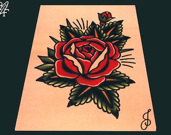 May include: A traditional tattoo-style illustration of a red rose with green leaves and a bud. The artwork is on a light tan background with black outlines and shading. The image includes the initials "BF" and "J".
